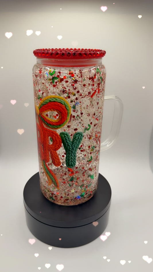 20oz Glass can cup with red rhinestone lid
